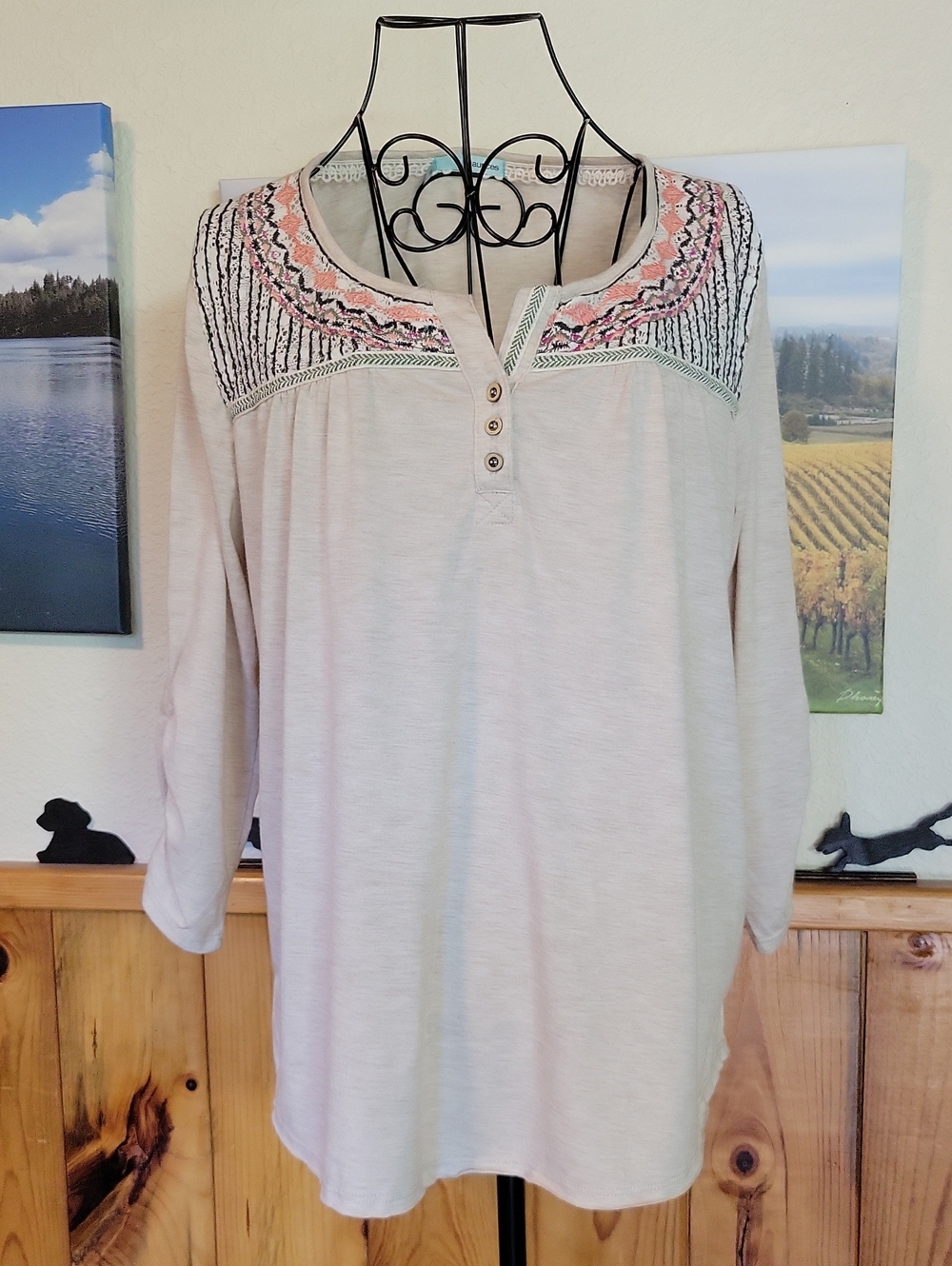 Maurices Cream Long Sleeve Tunic with Pink Embroidered Yoke